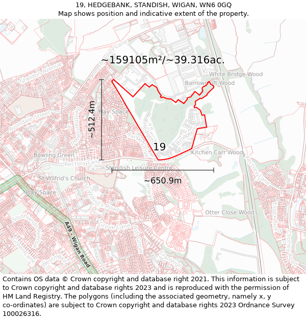 19, HEDGEBANK, STANDISH, WIGAN, WN6 0GQ: Plot and title map