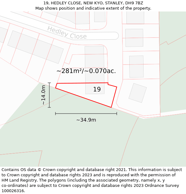 19, HEDLEY CLOSE, NEW KYO, STANLEY, DH9 7BZ: Plot and title map