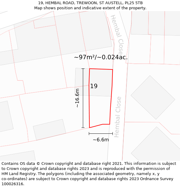 19, HEMBAL ROAD, TREWOON, ST AUSTELL, PL25 5TB: Plot and title map