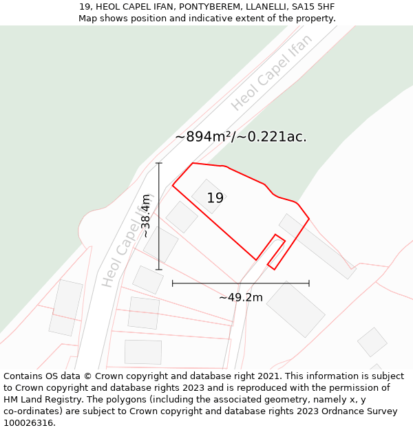 19, HEOL CAPEL IFAN, PONTYBEREM, LLANELLI, SA15 5HF: Plot and title map