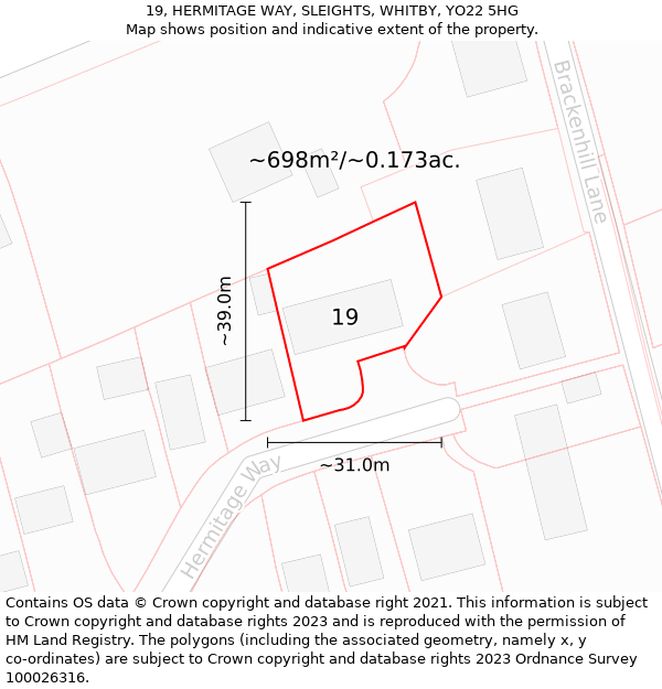 19, HERMITAGE WAY, SLEIGHTS, WHITBY, YO22 5HG: Plot and title map