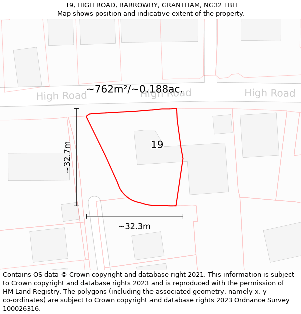 19, HIGH ROAD, BARROWBY, GRANTHAM, NG32 1BH: Plot and title map