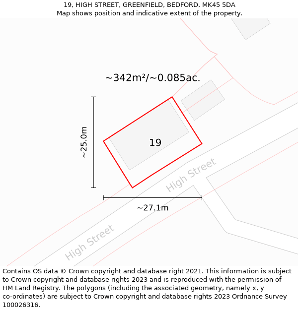 19, HIGH STREET, GREENFIELD, BEDFORD, MK45 5DA: Plot and title map