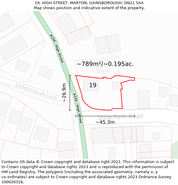 19, HIGH STREET, MARTON, GAINSBOROUGH, DN21 5AA: Plot and title map