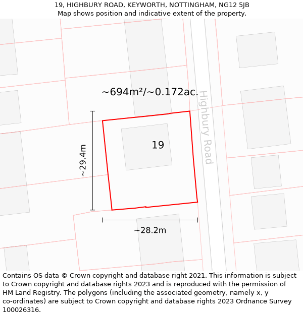 19, HIGHBURY ROAD, KEYWORTH, NOTTINGHAM, NG12 5JB: Plot and title map