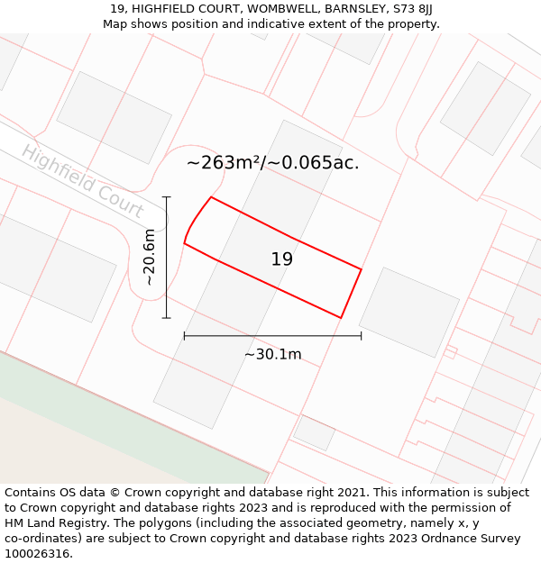 19, HIGHFIELD COURT, WOMBWELL, BARNSLEY, S73 8JJ: Plot and title map