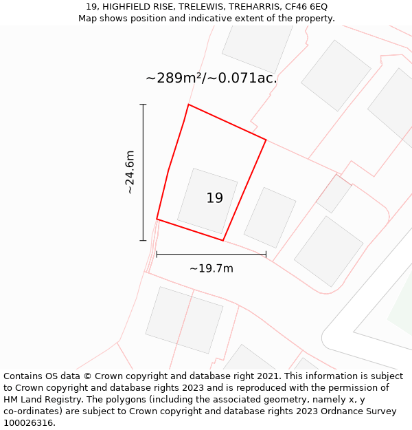 19, HIGHFIELD RISE, TRELEWIS, TREHARRIS, CF46 6EQ: Plot and title map