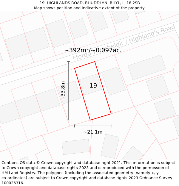 19, HIGHLANDS ROAD, RHUDDLAN, RHYL, LL18 2SB: Plot and title map