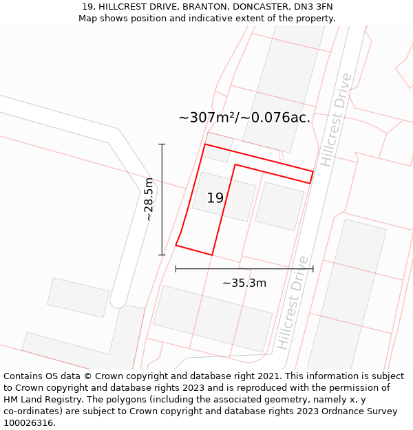 19, HILLCREST DRIVE, BRANTON, DONCASTER, DN3 3FN: Plot and title map