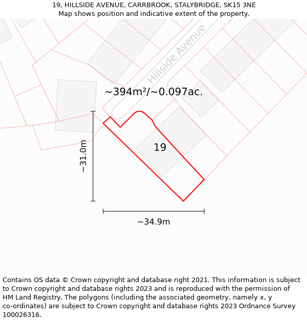 19, HILLSIDE AVENUE, CARRBROOK, STALYBRIDGE, SK15 3NE: Plot and title map