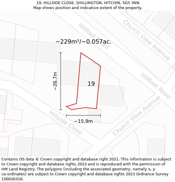 19, HILLSIDE CLOSE, SHILLINGTON, HITCHIN, SG5 3NN: Plot and title map