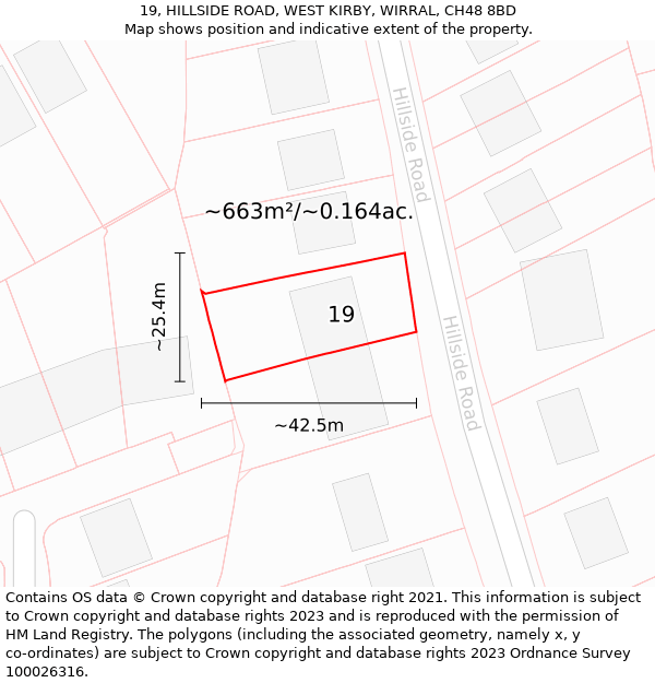 19, HILLSIDE ROAD, WEST KIRBY, WIRRAL, CH48 8BD: Plot and title map