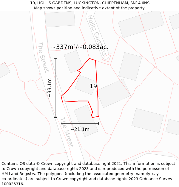 19, HOLLIS GARDENS, LUCKINGTON, CHIPPENHAM, SN14 6NS: Plot and title map