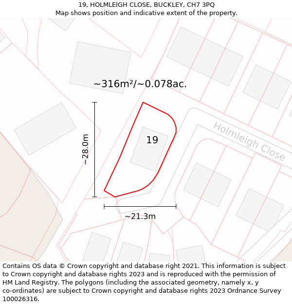 19, HOLMLEIGH CLOSE, BUCKLEY, CH7 3PQ: Plot and title map