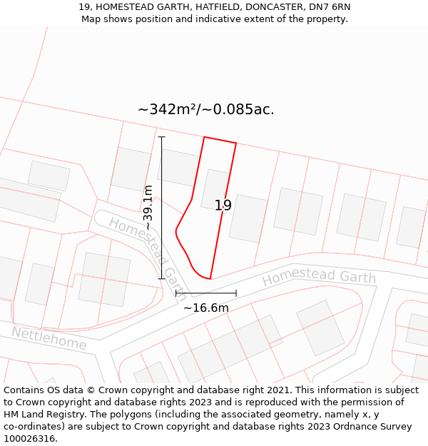 19, HOMESTEAD GARTH, HATFIELD, DONCASTER, DN7 6RN: Plot and title map