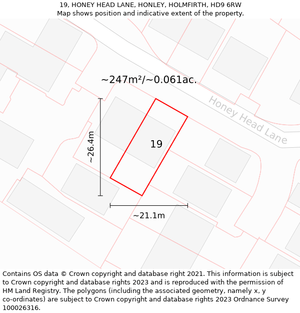 19, HONEY HEAD LANE, HONLEY, HOLMFIRTH, HD9 6RW: Plot and title map