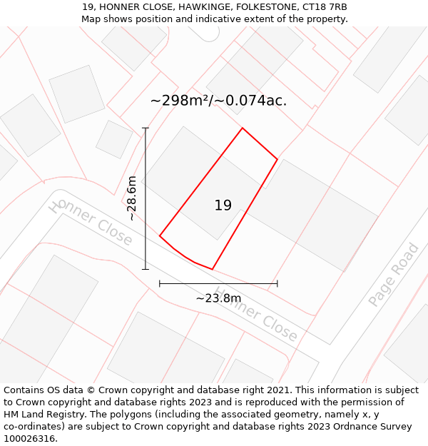 19, HONNER CLOSE, HAWKINGE, FOLKESTONE, CT18 7RB: Plot and title map