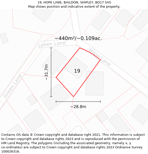 19, HOPE LANE, BAILDON, SHIPLEY, BD17 5AS: Plot and title map
