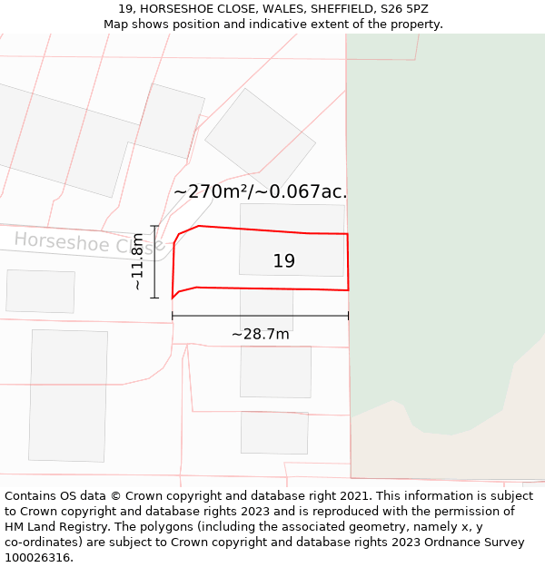 19, HORSESHOE CLOSE, WALES, SHEFFIELD, S26 5PZ: Plot and title map