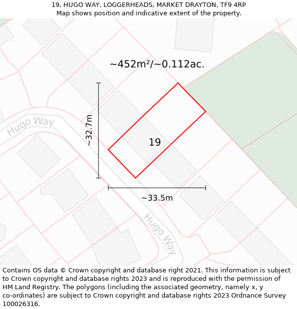 19, HUGO WAY, LOGGERHEADS, MARKET DRAYTON, TF9 4RP: Plot and title map