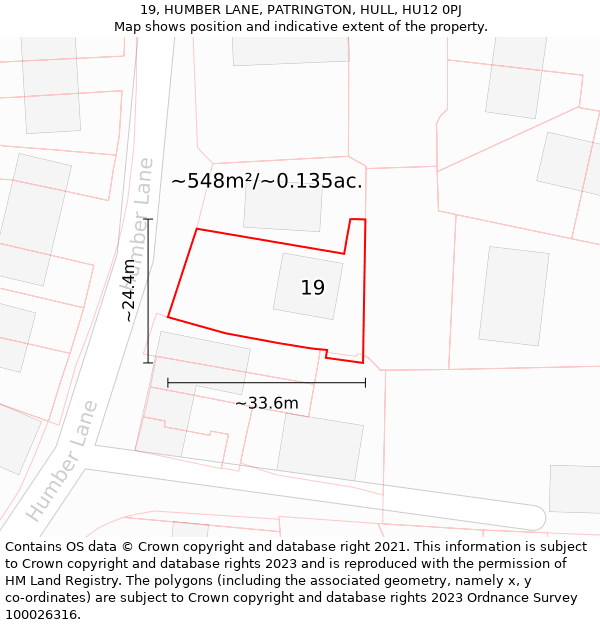 19, HUMBER LANE, PATRINGTON, HULL, HU12 0PJ: Plot and title map