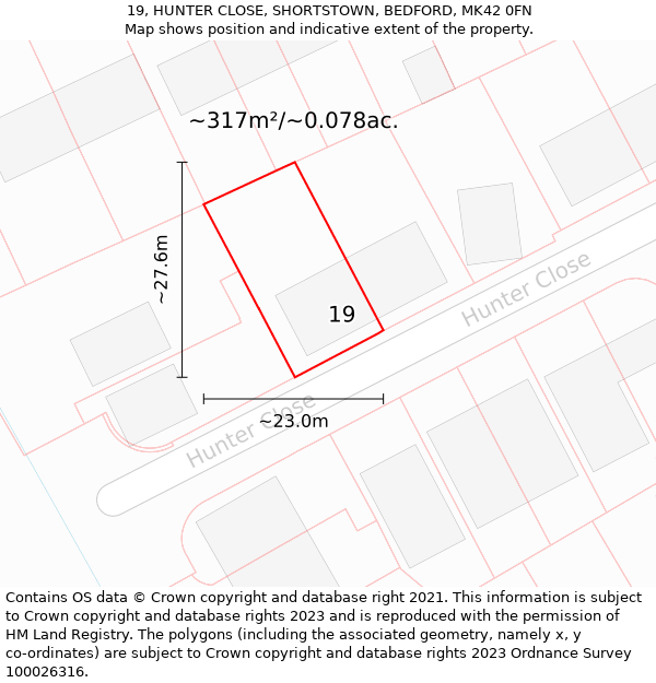 19, HUNTER CLOSE, SHORTSTOWN, BEDFORD, MK42 0FN: Plot and title map