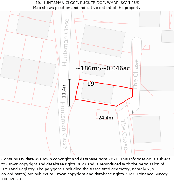 19, HUNTSMAN CLOSE, PUCKERIDGE, WARE, SG11 1US: Plot and title map