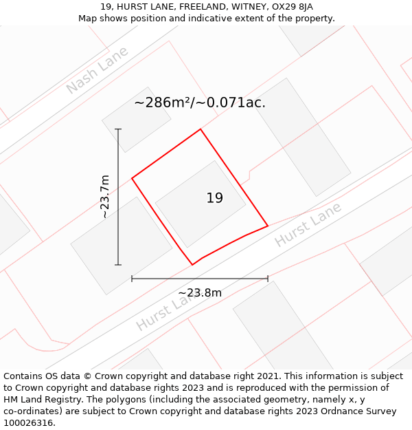 19, HURST LANE, FREELAND, WITNEY, OX29 8JA: Plot and title map