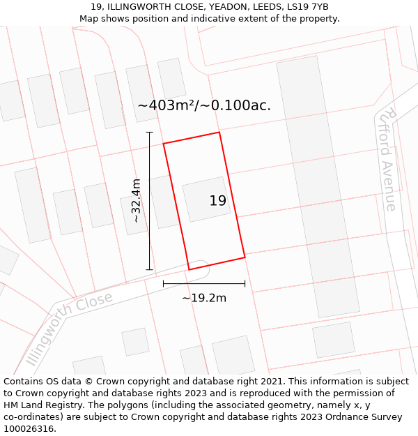 19, ILLINGWORTH CLOSE, YEADON, LEEDS, LS19 7YB: Plot and title map
