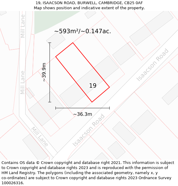 19, ISAACSON ROAD, BURWELL, CAMBRIDGE, CB25 0AF: Plot and title map