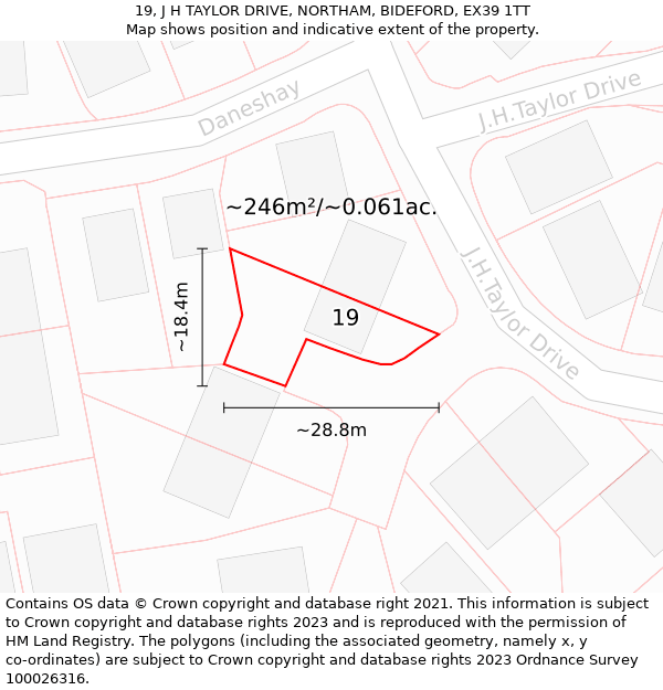 19, J H TAYLOR DRIVE, NORTHAM, BIDEFORD, EX39 1TT: Plot and title map