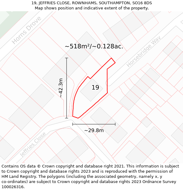 19, JEFFRIES CLOSE, ROWNHAMS, SOUTHAMPTON, SO16 8DS: Plot and title map