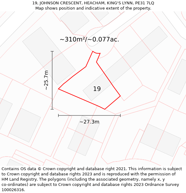 19, JOHNSON CRESCENT, HEACHAM, KING'S LYNN, PE31 7LQ: Plot and title map