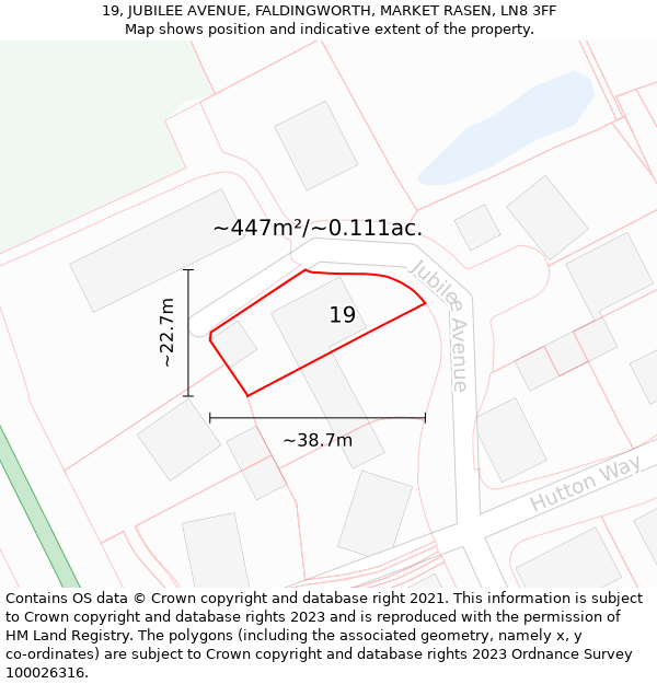 19, JUBILEE AVENUE, FALDINGWORTH, MARKET RASEN, LN8 3FF: Plot and title map