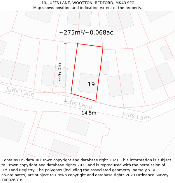 19, JUFFS LANE, WOOTTON, BEDFORD, MK43 9FG: Plot and title map