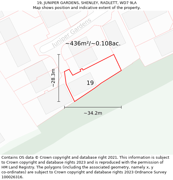 19, JUNIPER GARDENS, SHENLEY, RADLETT, WD7 9LA: Plot and title map