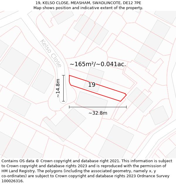 19, KELSO CLOSE, MEASHAM, SWADLINCOTE, DE12 7PE: Plot and title map