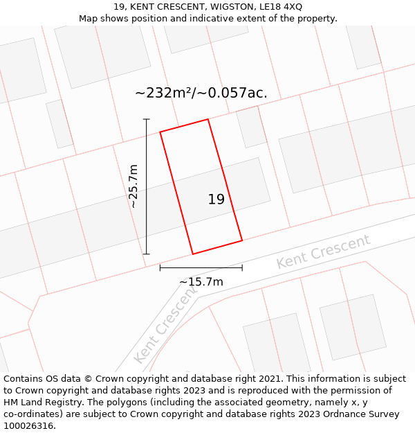 19, KENT CRESCENT, WIGSTON, LE18 4XQ: Plot and title map