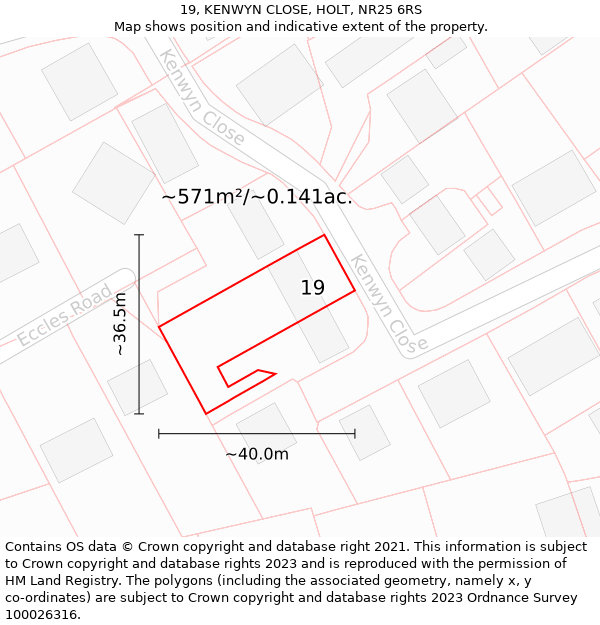 19, KENWYN CLOSE, HOLT, NR25 6RS: Plot and title map