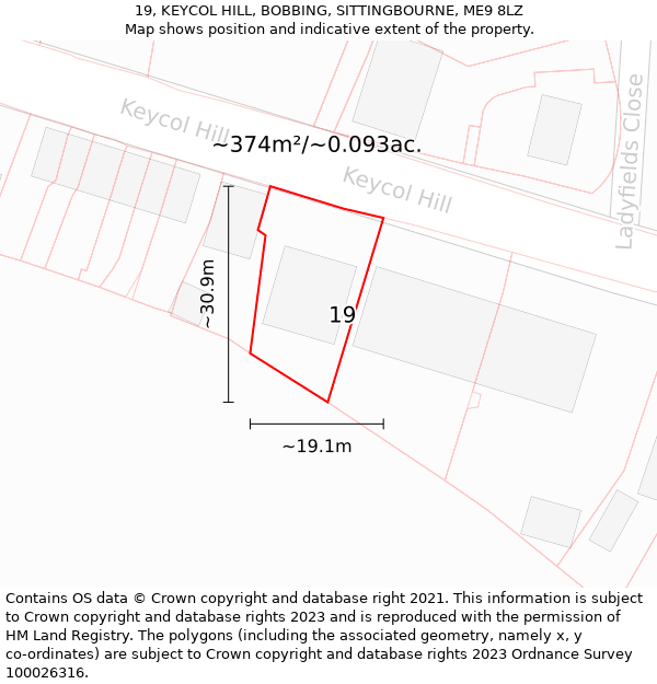 19, KEYCOL HILL, BOBBING, SITTINGBOURNE, ME9 8LZ: Plot and title map