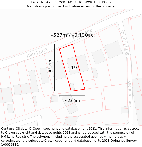 19, KILN LANE, BROCKHAM, BETCHWORTH, RH3 7LX: Plot and title map