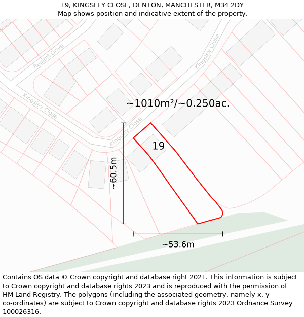 19, KINGSLEY CLOSE, DENTON, MANCHESTER, M34 2DY: Plot and title map