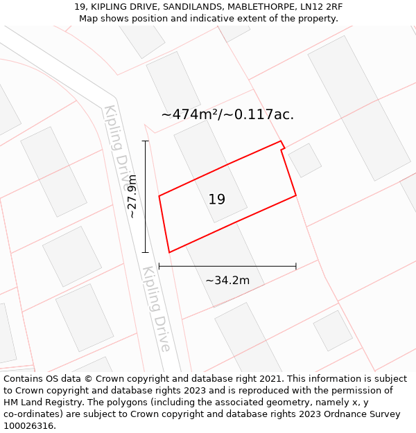 19, KIPLING DRIVE, SANDILANDS, MABLETHORPE, LN12 2RF: Plot and title map