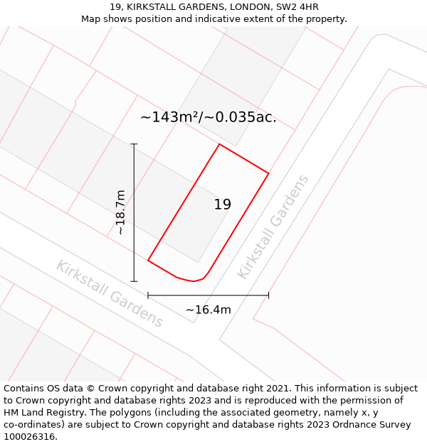 19, KIRKSTALL GARDENS, LONDON, SW2 4HR: Plot and title map