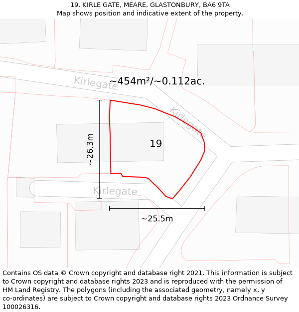 19, KIRLE GATE, MEARE, GLASTONBURY, BA6 9TA: Plot and title map