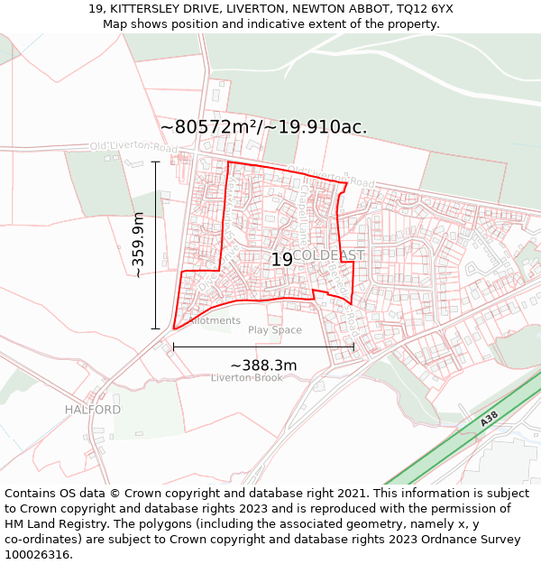 19, KITTERSLEY DRIVE, LIVERTON, NEWTON ABBOT, TQ12 6YX: Plot and title map