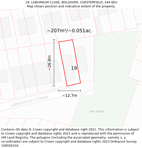 19, LABURNUM CLOSE, BOLSOVER, CHESTERFIELD, S44 6EU: Plot and title map