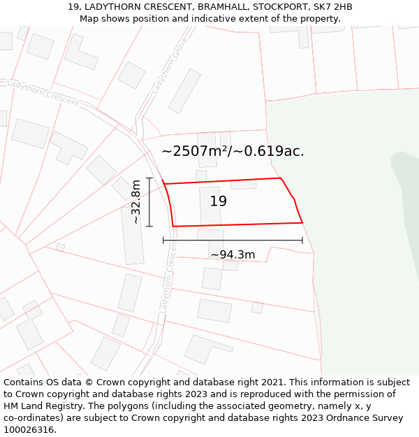 19, LADYTHORN CRESCENT, BRAMHALL, STOCKPORT, SK7 2HB: Plot and title map