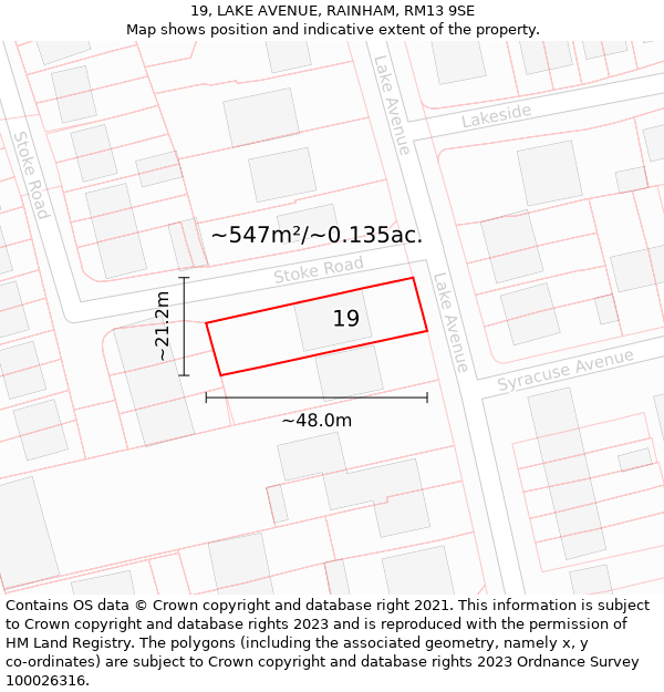 19, LAKE AVENUE, RAINHAM, RM13 9SE: Plot and title map