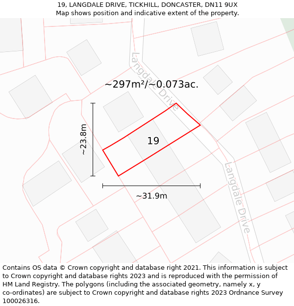 19, LANGDALE DRIVE, TICKHILL, DONCASTER, DN11 9UX: Plot and title map